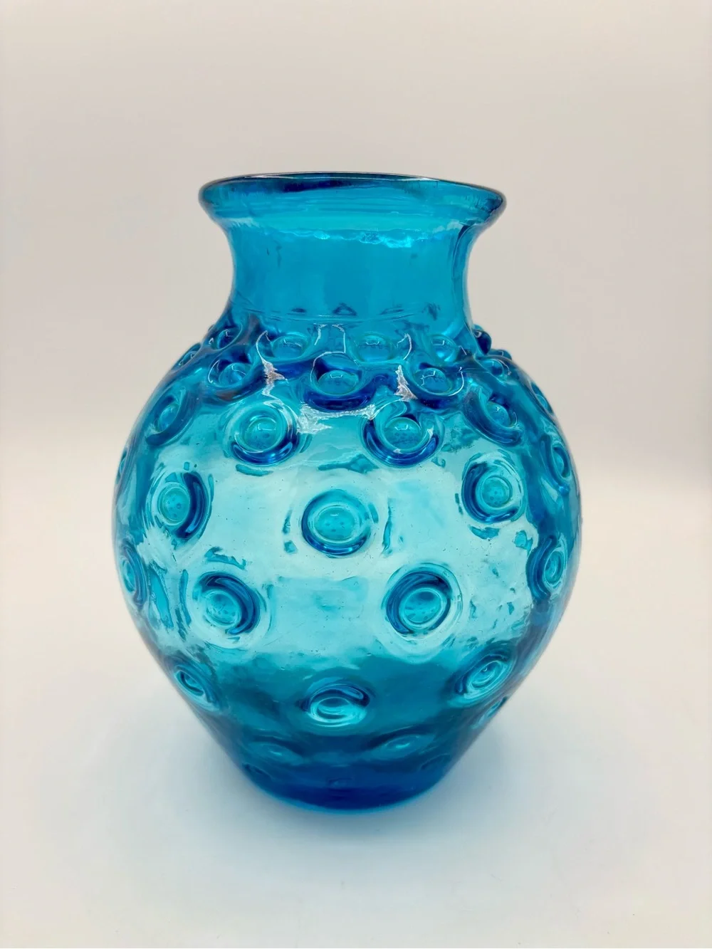 VINTAGE Mid Century Empoli Blue Hobnail Bulbous Glass Vase Italy Rounded Rare